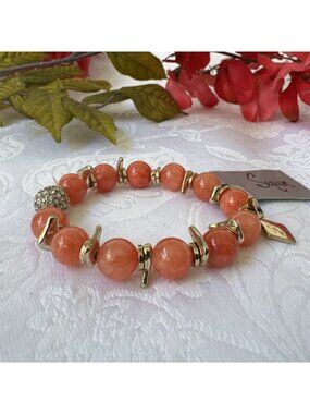 Sequin NYC Brand Coral Beaded Charm Bracelet Orange Rhinestone Goldtone 8" NEW